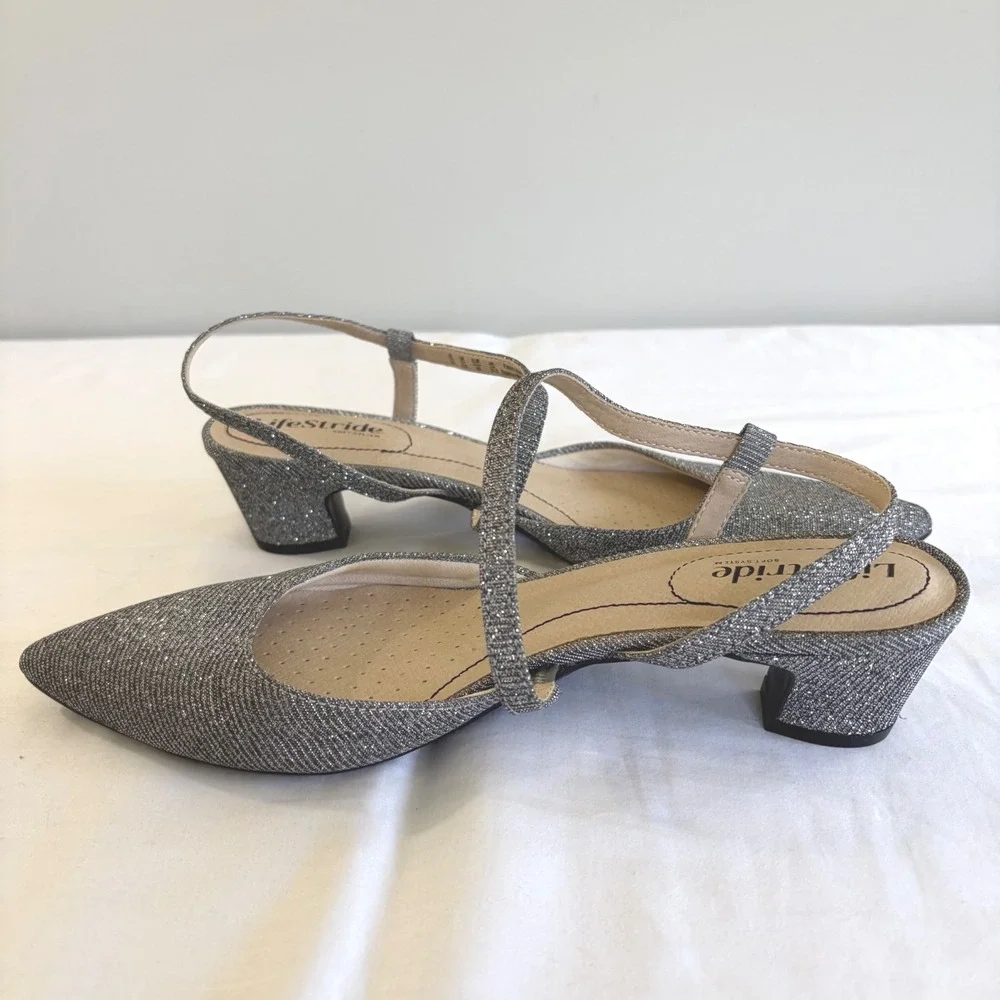 LifeStride Silver Glitter Slingback Block Heel Pointed Toe Shoes 9W Minimalist